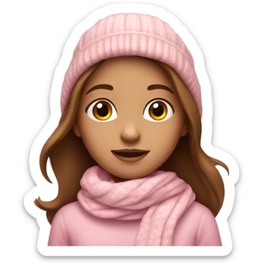 brown haired girl with a pink sweater,white hat and white-pink scarf sticker