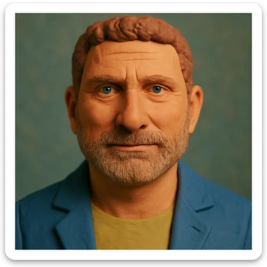 Create a claymation portrait that blends the facial features and expression of the person in the photo with the style and facial proportions of the Gerard Butler-inspired claymation art, featuring a narrower face and slightly larger forehead. sticker