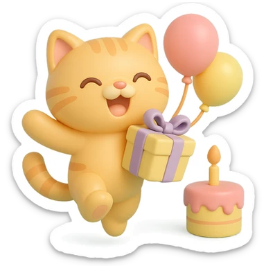 ginger tabby kitten jumping with joy, holding a birthday gift, birthday cake and balloons in background sticker