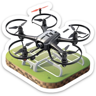 An icon showing a racing quadcopter drone in the foreground, flying at high speed through a course filled with obstacles and checkpoints. Other drones zoom in the background over a dynamic landscape. Transparent background highlights the thrill and precision of drone racing. sticker