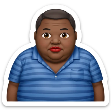 an extremely obese man with extremely dark skin and giant red lips wearing a blue-and-gray shirt sticker