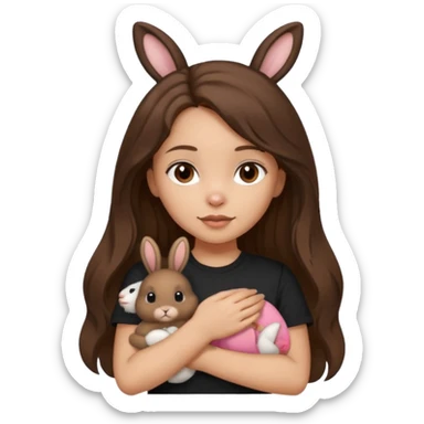 Girl About 15 years old with light skin and brunette Long slightly wavy hair, with dark brown eyes. Shes wearing black t-shirt. In her hand she's holding a brown bunny with ears down sticker