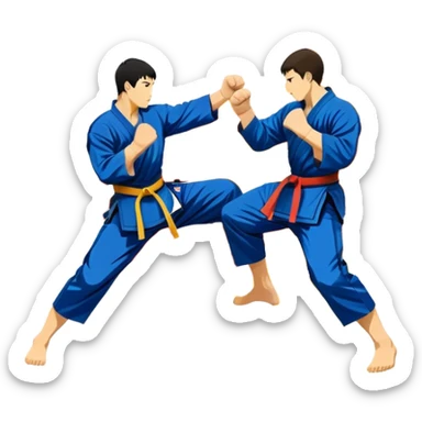 An emblem-style design featuring crossed martial arts weapons like a fist and foot, symbolizing striking combat sports. The background includes a silhouette of a fighter in an action pose, with dynamic lines and bold colors, showcasing speed and power. Transparent background. sticker