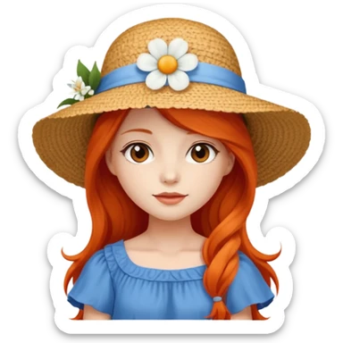 girl_wearing_summer_hat, white flower on hat, red orrange long hair, blue dress sticker