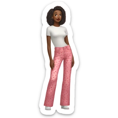 Realistic long Wide leg high waisted pink jeans with small red hearts print, isolated sticker