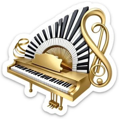 Create an elegant and festive emoji collage representing keyboard instruments, styled like a heraldic emblem. The design should feature a central focal point of black and white piano keys, arranged in a semi-circular or shield-like shape. Around the piano keys, add intertwining musical notes that form flowing ribbons, creating a dynamic and celebratory atmosphere. The design should be professional, with polished silver and gold accents on the keys and notes, highlighting the luxury and sophistication of the instruments. Add subtle shading and lighting effects to give the design a refined, 3D appearance. The background should remain transparent, and the overall feel should evoke grandeur, artistry, and a sense of celebration. sticker