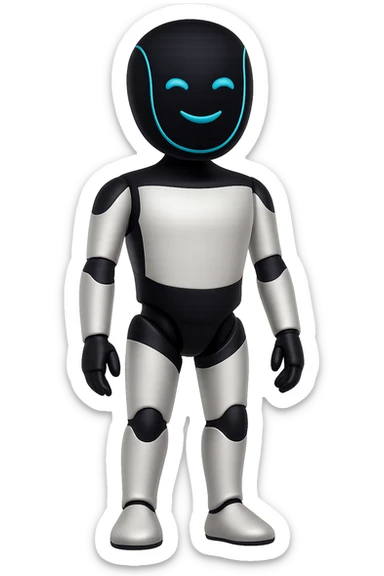Create a fullbody Tesla robot emoji with the exact head from the reference image. The robot should have arms down pose, slightly smiling expression, and be in the apple emoji style. The style should be respected as closely as possible in the edit. sticker