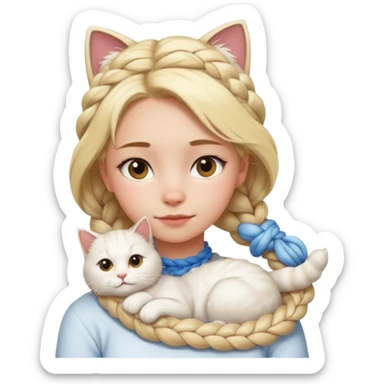 a girl with braided blonde hair, a white fluffy cat lying on her left shoulder and neck, emoji style sticker