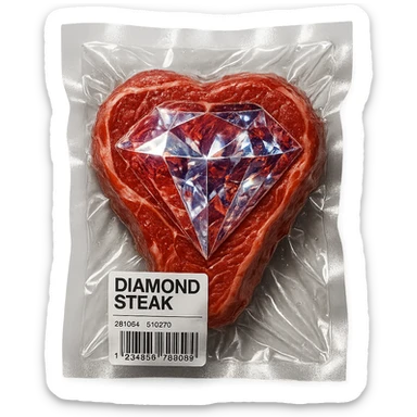 meat steak with sparkling diamond facets, glossy and puffy, vacuum-sealed style sticker