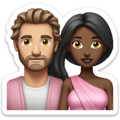 A handsome pale Greek god man who has long brown hair and tanned skin with a pretty black skinny tall model woman who has long black hair and she is wearing a pink dress and they are a couple sticker
