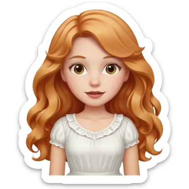 white girl with strawberry blonde super long wavy hair, white skirt, blushed cheeks sticker