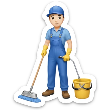 Custodian with yellow rubber gloves, blue overalls mopping floor sticker