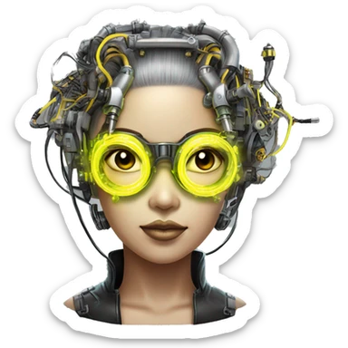 Neon yellow bobbed hair Asian female cyborg head with silver steampunk goggles and circuits sticker