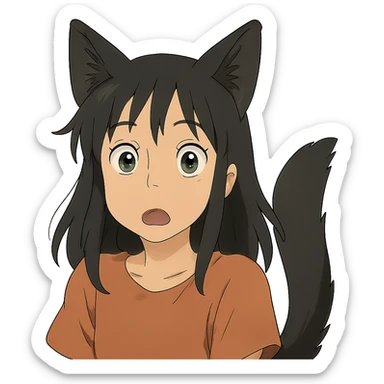 a surprised girl with huge green eyes, black fox ears, and a tail, dark hair sticker