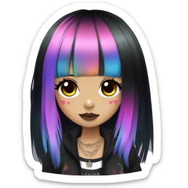 hime gyaru girl, long black hair with rainbow fringe, tattoos, dark makeup, goth grunge clothes sticker