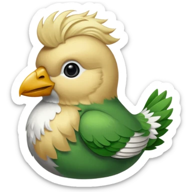 un oiseau classique de profil tout vert même sa tête  et un seul poil blond qui fait une petite bouclette sur le front avec le collier argenté avec des ronds attachés au collier est autour du coup de l’oiseau entre la tête et le corps sticker