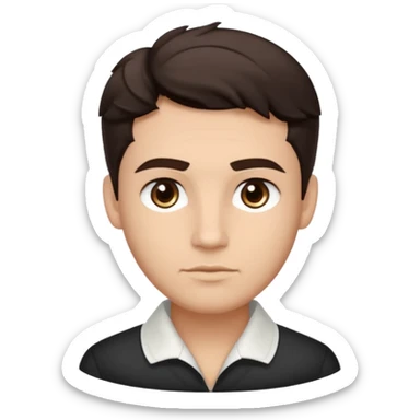 He’s a man with light to medium skin, a defined oval face, full brows, deep-set eyes, and wavy short dark brown hair styled with height, sides are trimmed. expression calm and focused relaxed black open-collar .polished, articulate, and trainer vibe. sticker