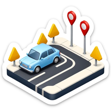 
A 3D minimal icon showing a street route to a destination, with a blue road, white and black vehicles, and small red accents for alerts. The style is clean, minimal 3D, with a transparent background. sticker