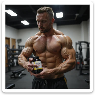 realistic image of a bodybuilder taking Citrulline and Nitrate supplements to promote vasodilation, visible muscles, supplement packages visible, gym atmosphere, realistic details sticker