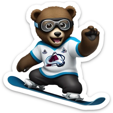 Bear on a snowboard in Colorado avalanche jersey doing hardcore tricks wearing black helmet and goggles sticker