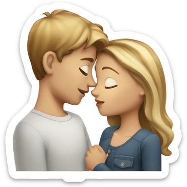 Girl with brown hair and a little bit blonde hair around face kiss blonde boy sticker