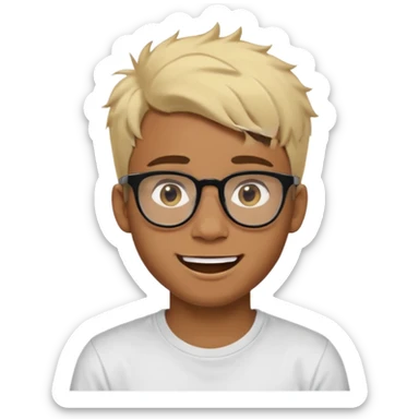 Teenager. Short buzz, messy blonde hair. Dark brown bushy eyebrows large expressive golden-brown eyes, brown skin color, scar over nose, wearing a plain white t-shirt. wearing clear thick black glasses. 20 year old male. laugh facial expression. brown skin color.  sticker