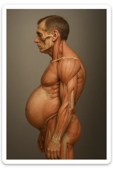 corpo UMANO ANATOMICO di profilo con spalle chiuse in avanti e pancia sporgente, postura errata, iperrealistico 4k sticker