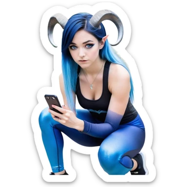 Disapponted-big tears-head back texting on phone-very very large upper body-sexy face-bending forward at waist-very long very straight dark blue to light blue ombre hair-and-blue eyes-thick black eyeliner-cute goat horns-iridescent blue lowcut tanktop with black leggings with glitter superman logo sticker