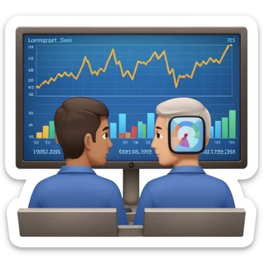 teaching somebody else in person, in the same place, watching the same monitor together, the trainee and trainer are in the similar age, two both are men, the monitor should be showing some data graphs sticker