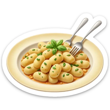 Gnocchi Cinematic Realistic Gnocchi Dish Emoji, depicted as tender oblong potato gnocchi garnished with iconic fork marks on top, rendered with soft textures and warm, inviting lighting. sticker