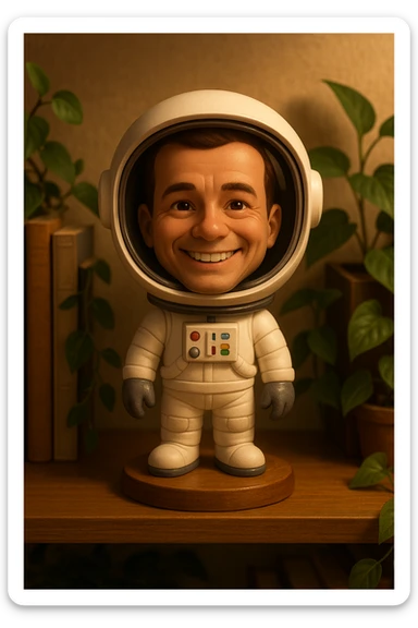 a cheerful astronaut bobblehead with a large helmet sticker