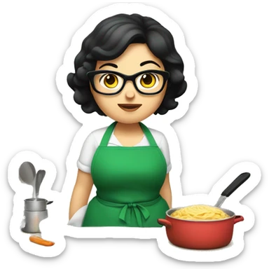 chubby lady with black hair green apron  with glasses cooking  sticker