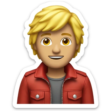 A yellow haired man wearing a red leather jacket who doesn't care about tidying up sticker
