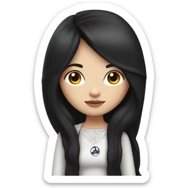 white girl with black long hair and a moon symbol sticker