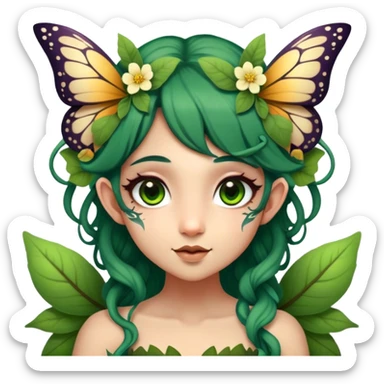 Cinematic Realistic Forest Fairy Portrait, head tilted playfully and inquisitively, showcasing a nature-inspired form with intricately detailed, sunlit tanned skin and cascading dark green hair interlaced with leaves and blossoms showing her large butterfly wings from her back. Her bright, curious eyes sparkle with forest mischief, rendered with lifelike clarity and warm, dappled lighting that captures the spirit of an enchanting woodland fairy ready to dance among the trees. sticker