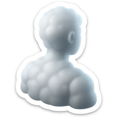 person made entirely of white fluffy convex clouds, shoulder view, looking straight, matte glass style sticker