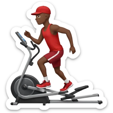 dark skin bald African American man on elliptical machine with red tank shirt and black shorts and backwards facing baseball hatcap sticker