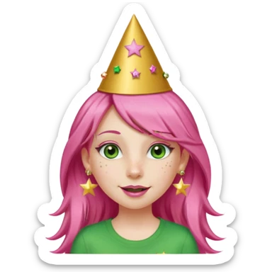 A girl with long pink hair and green eyes with long eyelashes and a happy face. She has freckles and a lit of bit of pink lipstick on her mouth, she’s also got a full gold birthday party hat on her head with gold pom poms on top of it, and her T-shirt is all red, she wore gold star earrings  sticker