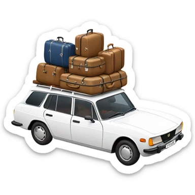 a white peugeot 504 break car with luggage on the roof sticker