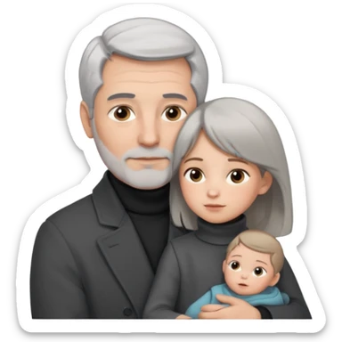 A father with silver-grey hair styled neatly and a clean-shaven face, wearing a dark turtleneck and wool coat, holding his girl child gently. The child has light brown hair and a soft white dress. Warm cinematic lighting, emotional close-up. sticker