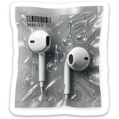 pair of white EarPods with three floating glass music notes in transparent crystal style, shiny and puffy sticker