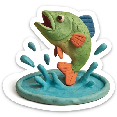 bass jumping out of a pond with water splashes, playful and colorful, claymation style sticker