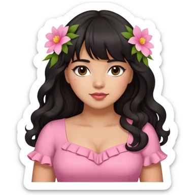 Latina girl with bangs black long wavy hair plus size with a pink dress and flowers sticker