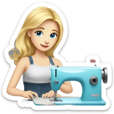 blonde girl with blue eyes working with sewing machine with cat on the floor sticker