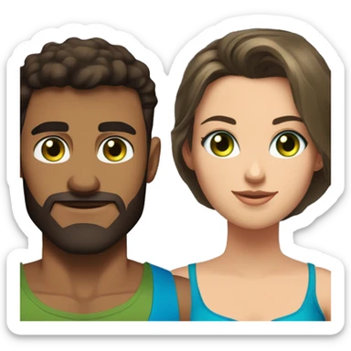 A pretty dark-haired woman with an olive green tank top with large breasts and green eyes next to a handsome muscular man with short brown hair with blue eyes and a blue muscle shirt sticker