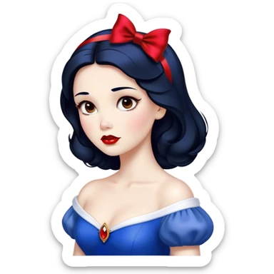 Cinematic Stunning Snow White Portrait Emoji, Fair skin glowing like porcelain, ruby-red lips, deep brown eyes full of kindness, raven hair framed by her iconic red bow, wearing her royal blue and gold gown, exuding timeless beauty and grace! sticker