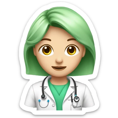 Mujer joven medico, de cabello rubio largo con fonendoscopio rosado y delantal blanco, abrazada a hombre joven médico, de cabello castaño y ojos verdes, con fonendoscopio y delanta blanco.  sticker