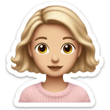 Pretty brown eyed white girl with light pink sweater reading cozy sticker