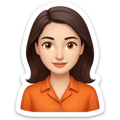 Professional woman in her 30s with light complexion, oval face, gentle features, large dark brown eyes, well-formed medium eyebrows, small nose, warm friendly smile, long slightly wavy dark brown hair, wearing a bright orange dress shirt sticker