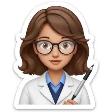 young women pharmacist studying science, wavy hair, with a pen and glasses sticker